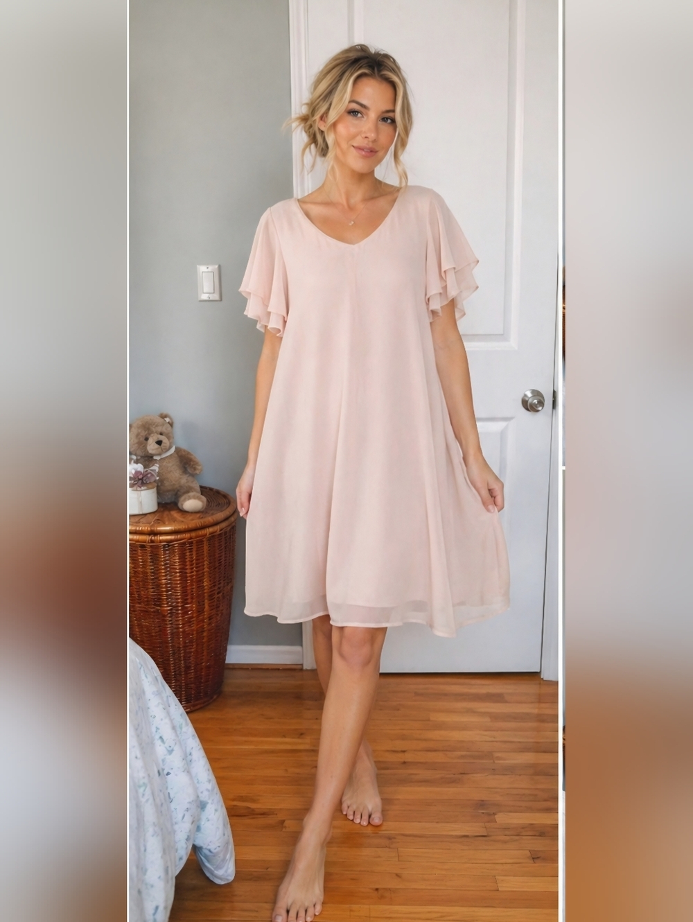 Aofur Blush Pink Chiffon Swing Dress Flutter Sleeve V Neck Flowy XL
